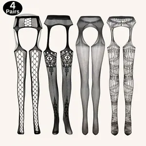 4-Pair Set Plus Size Sexy Fishnet Stockings with Garters, Ultra Stretchy Thigh-High Socks for Women, Open Crotch Fine Mesh High-Waisted Pantyhose