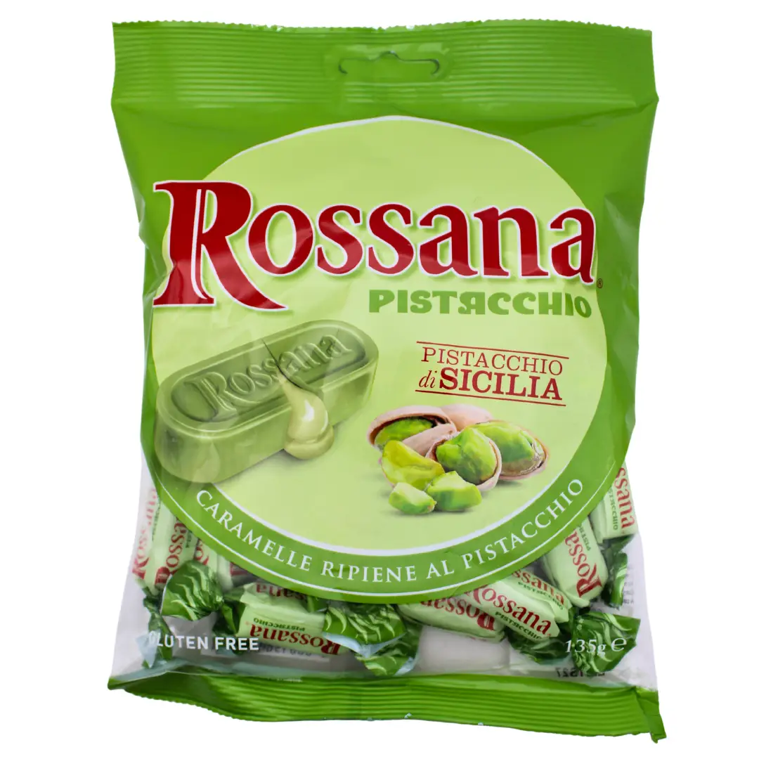 Rossana Pistachio - Italian Hard Candies - Pack of 1 - 135g - Imported from Italy - BonBon Candy Sweet Bonbon Snack Sugar Milk Cocoa Coconut
