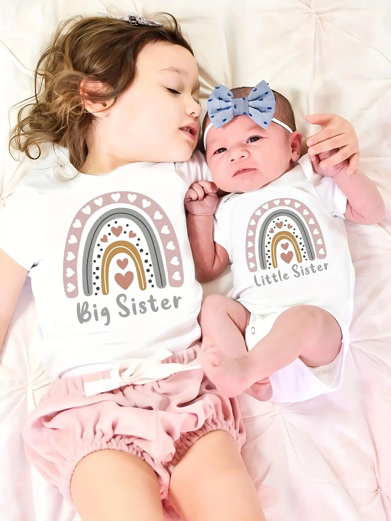 Big Sister Little Sister Matching Outfits, Boho Rainbow Heart Short-Sleeve Crew Neck T-Shirt and Bodysuit Set for Infant Toddler Casual Wear, Style, Colorful, Shortsleeve, Round Neck, Graphic, Letters, Fitted, Soft Cotton, Rainbow Hearts, Clothes