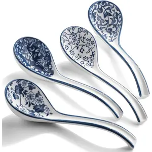 Set of 4 Ceramic Long Handle Asian Soup Spoons for Ramen Udon Pho Miso Cream Soup Pasta Dumplings Broth Eel Rice