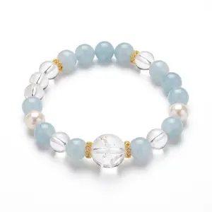 Aquamarine & Clear Quartz Beaded Bracelet for Women, Natural Crystal Healing Jewelry, Friendship Gift, Handmade DIY Style