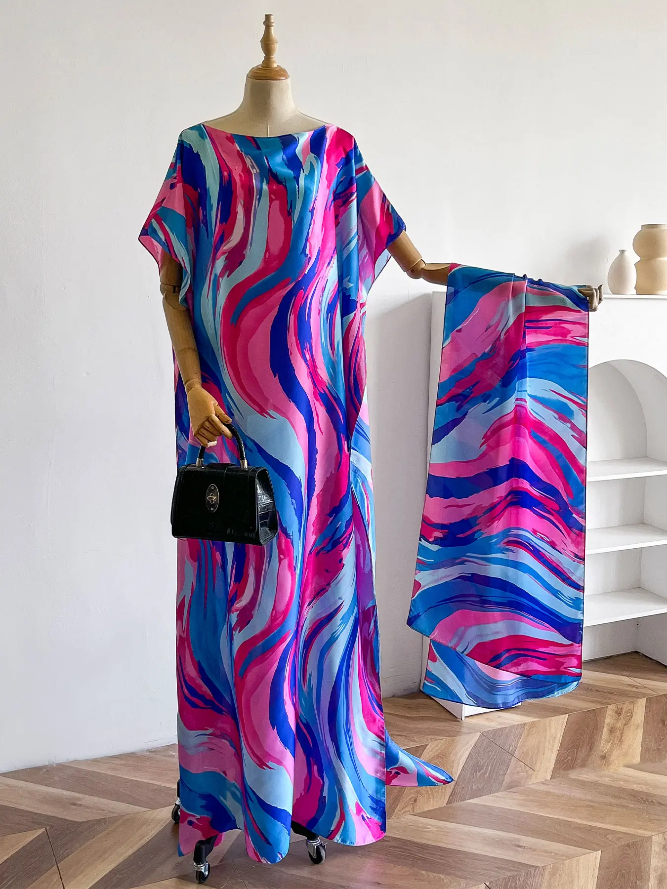 Women's Elegant Lightweight Thin Colorful Striped Print Dress Set Womenswear Outfit with Matching Scarf Shawl, Summer Beach Decoration, Sun Protection, Windproof, Casual Style Daily Wear, Boho Summer Holiday