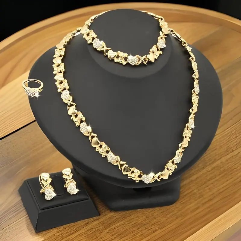 Women's 4-Piece Personality XO Heart Female Costume Jewelry Set - Light Gold-Electroplated Alloy Necklace with Chains, Bracelet, and Stud Earrings Set for Daily Wear, Gold Earrings Set