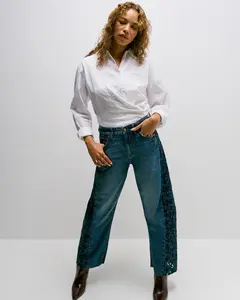 Women's 100% Cotton Lace Side Seam Low Slung Barrel Rider Jean - Blue Royalty