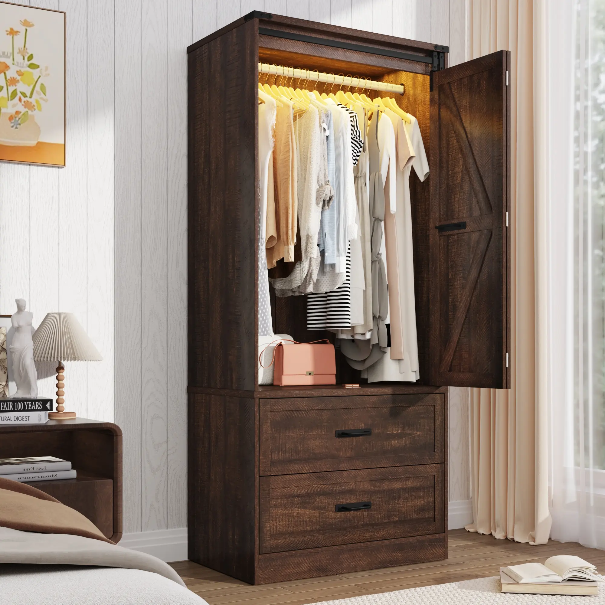 Farmhouse Wooden 2-Door Wardrobe with Motion Sensor LED Light, Drawers, Hanging Space - Closet Rack, Freestanding Wood Closet System, Space Saving Storage Unit, Clothes Cabinet for Bedroom, Closet Rack Wardrobe, Freestanding Wood Closetsystem