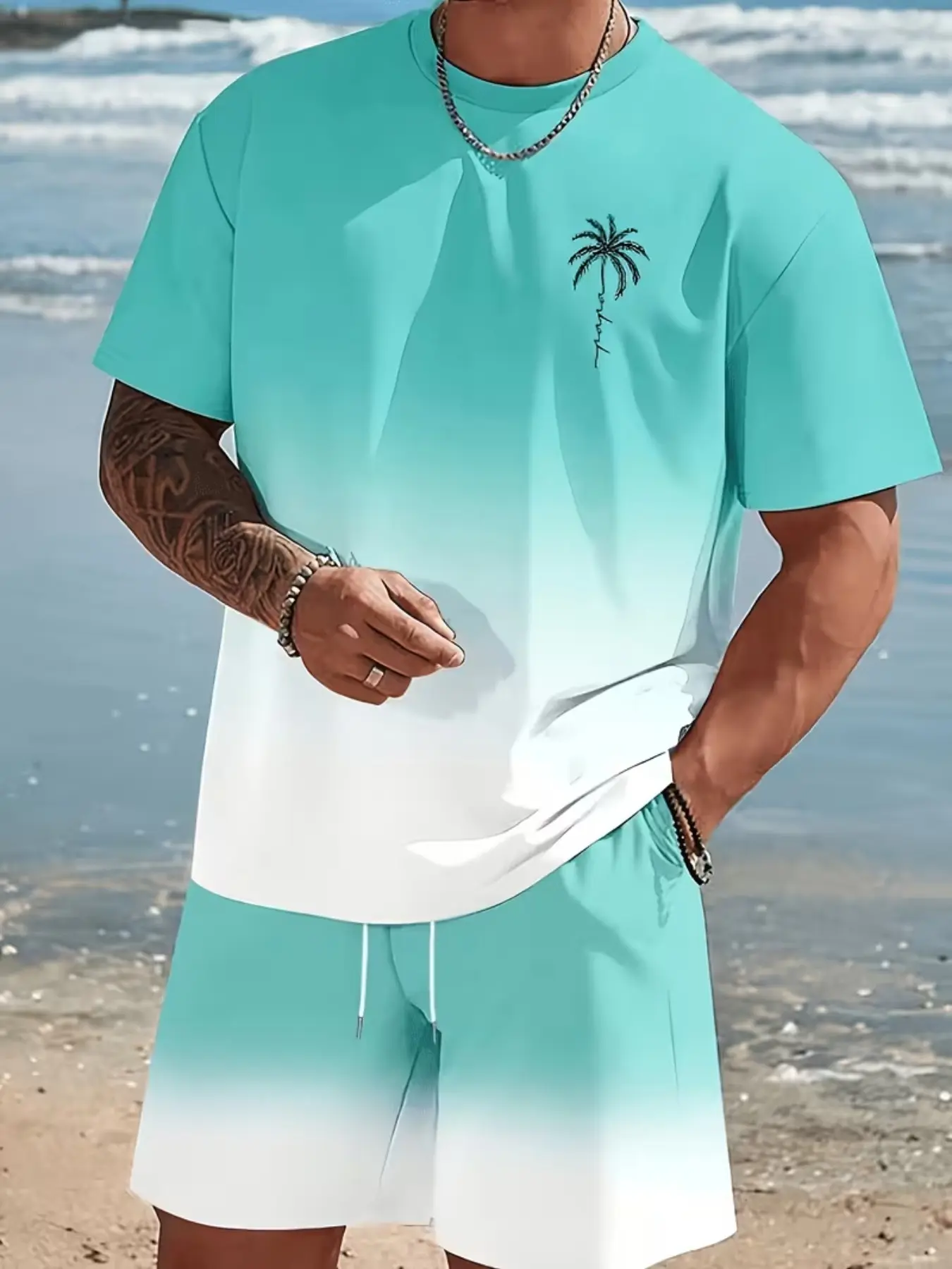 Men's Casual Sportswear Set, Fashion Summer Sportswear, outdoors set, Hawaiian Gradient Design, Round Neck Short Sleeve T-Shirt and Elastic Waist Shorts, Summer Outdoor Activity, Casual Outdoor Activewear