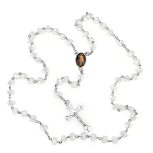 Crystal Beads Catholic Rosary Crucifix Necklace of Divine Mercy(Clear)