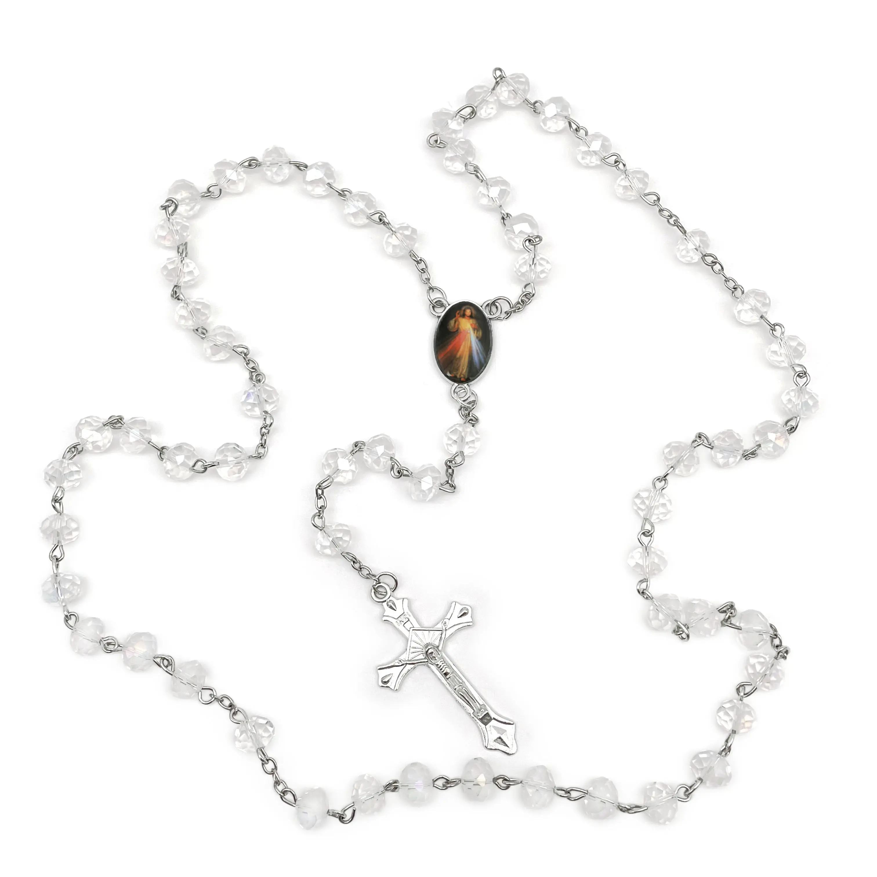 Crystal Beads Catholic Rosary Crucifix Necklace of Divine Mercy(Clear)