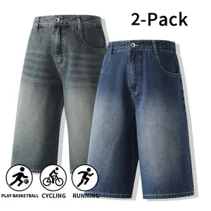 Men’s 2PCS faded gradient washed denim capri shorts, mid-rise loose wide-leg cropped Bermuda jeans