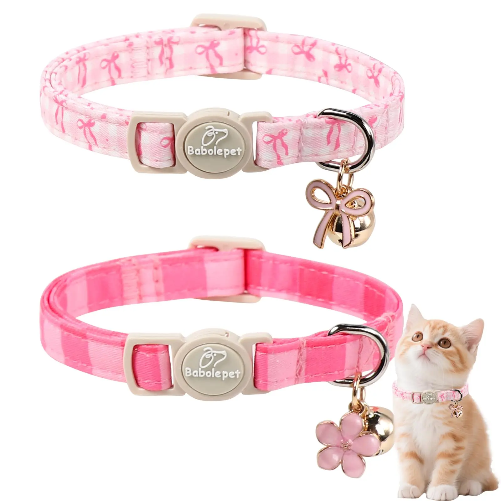 Adjustable Pink Cat Collars (2-Pack) - Breakaway Adjustable Kitten Collars for Girl Cats with Bell, Bow, Flower Pendant, Cute Pink Plaid Design