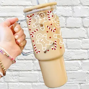Gingerbread Man Christmas Glass Cup with Lid and Straw - Christmas Candy Cane Aesthetic Drinkware with Bamboo Lid, Holiday Winter Bookish Design Iced Coffee Mug, Christmas Trees, Holiday Cheer Snow Man