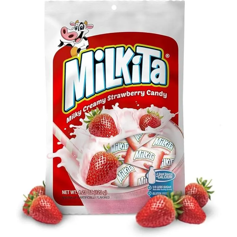Milkita Sweet Chewy Artificial Sugar Candy Snack - Strawberry Shake Flavor, Infused with Coconut Oil & Glucose, 4.23 oz Portable Treat for Cupboard Storage