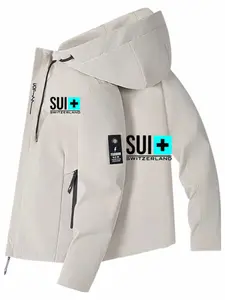 Men's Swiss Flag Hooded Jacket, Spring & Fall Casual Windproof Outerwear, Trendy Versatile Top, Slim-Fitting No Padding Flying Jacket