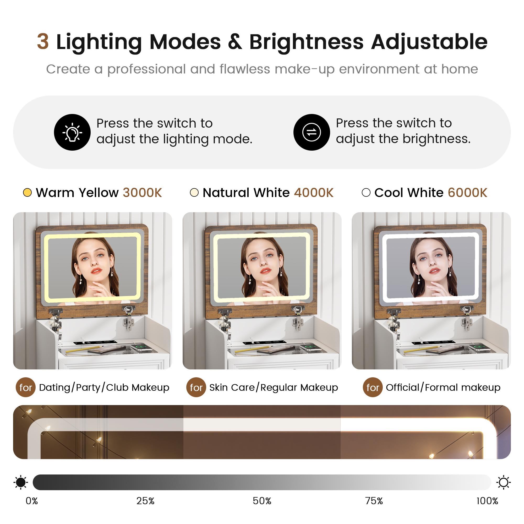 Miu small room vanity with Flip-up LED Mirror, Glass Tabletop,6-Compartment Storage Space, Soft Stool with Hidden Space & Drawer