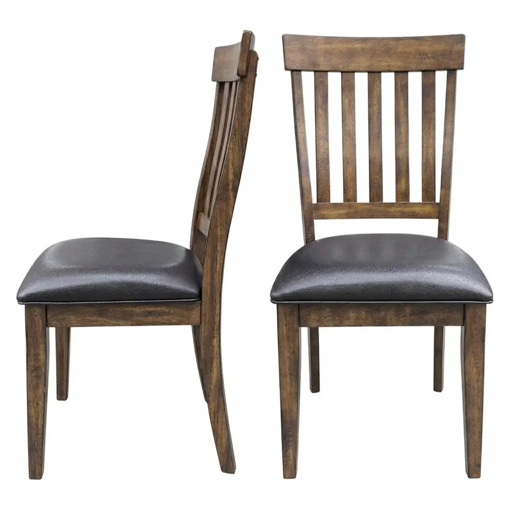 Set of 2 Rustic Whiskey Slatback Dining Chairs, PU Leather Upholstery, Ideal for Family Meals, Suitable for Transitional Interior Design
