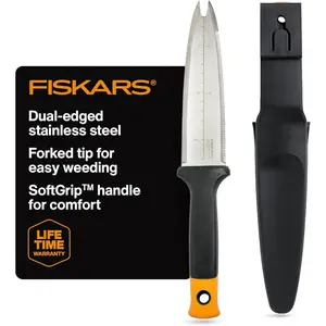 Fiskars Hori Hori Garden Knife with Sheath, Multi-Purpose Heavy Duty Gardening Hand Tool for Weeding, Planting, Digging with Hanging Hole