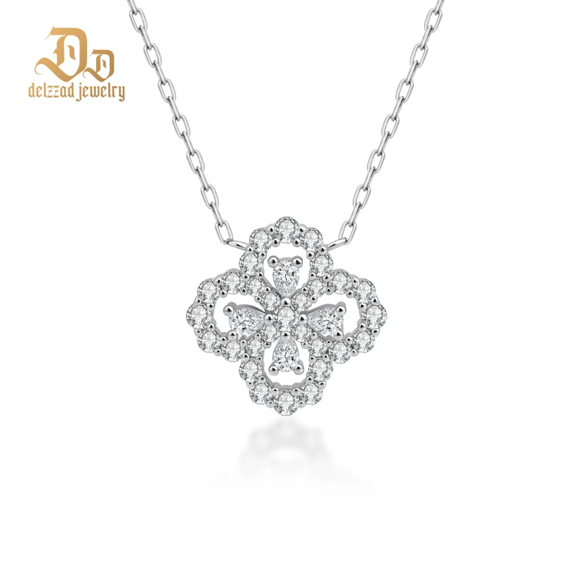 Delzzad S925 Rêve de Dentelle Necklace Four-leaf Clover Necklace VVS Synthetic Moissanite Necklace Jewelry Perfect Birthday Wedding Engagement Anniversary Christmas Gift