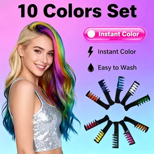 10-color trendy temporary bright hair dye comb set, gentle on natural hair, preserves original hair color, colors naturally and transparently without clumping, with long-lasting, stable color, lasting over 24 hours for everyday styling without fading.