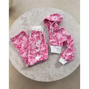 Women’s Fashion Trendy Y2K Two-Piece Set — Hip Hop Style, Pink Camouflage, Slim-Waist Design, Hooded Top, Casual Sports Pants