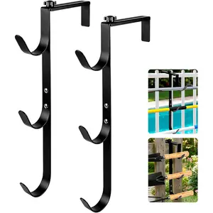 Pool Pole Hanger Fence Hook - 2 count Adjustable 3-Hook Pool Hooks for Deck Steel Wall Enclosure, Above Ground Pools Towel Poles Holder Accessories, Inground Vinyl Fence Hooks for Solar Cover Equipment