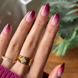 Almond Shape | Gradual Color French Nails with Glitter & Purple-Pink Marble Design