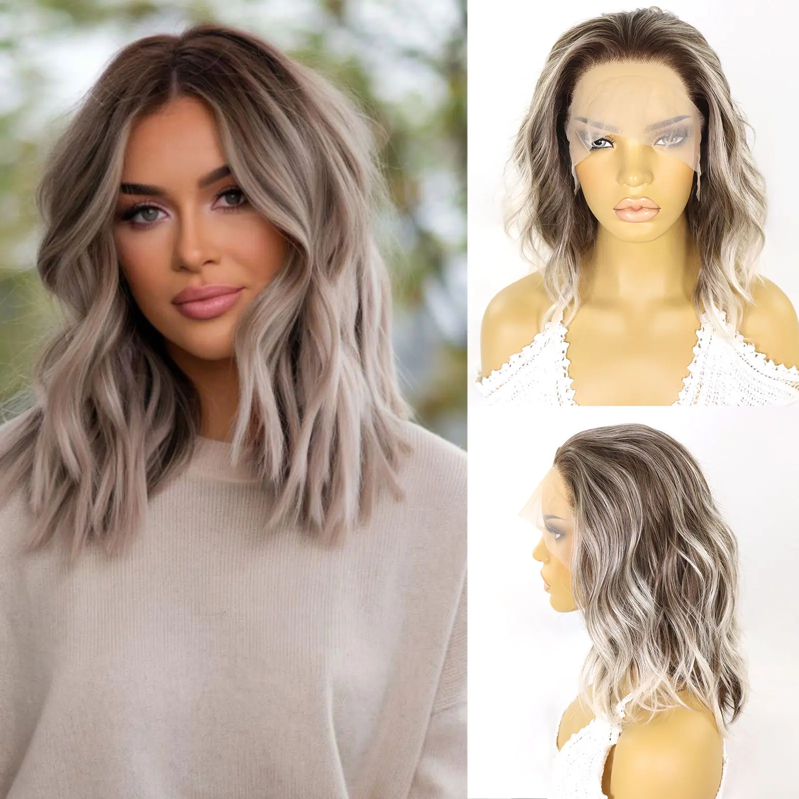 Brown Highlight Short Bob Wavy Synthetic Wigs For Women Daily Use Dark Brown Roots Ash Brown Wig Pre Plucked Curly Blonde Wig