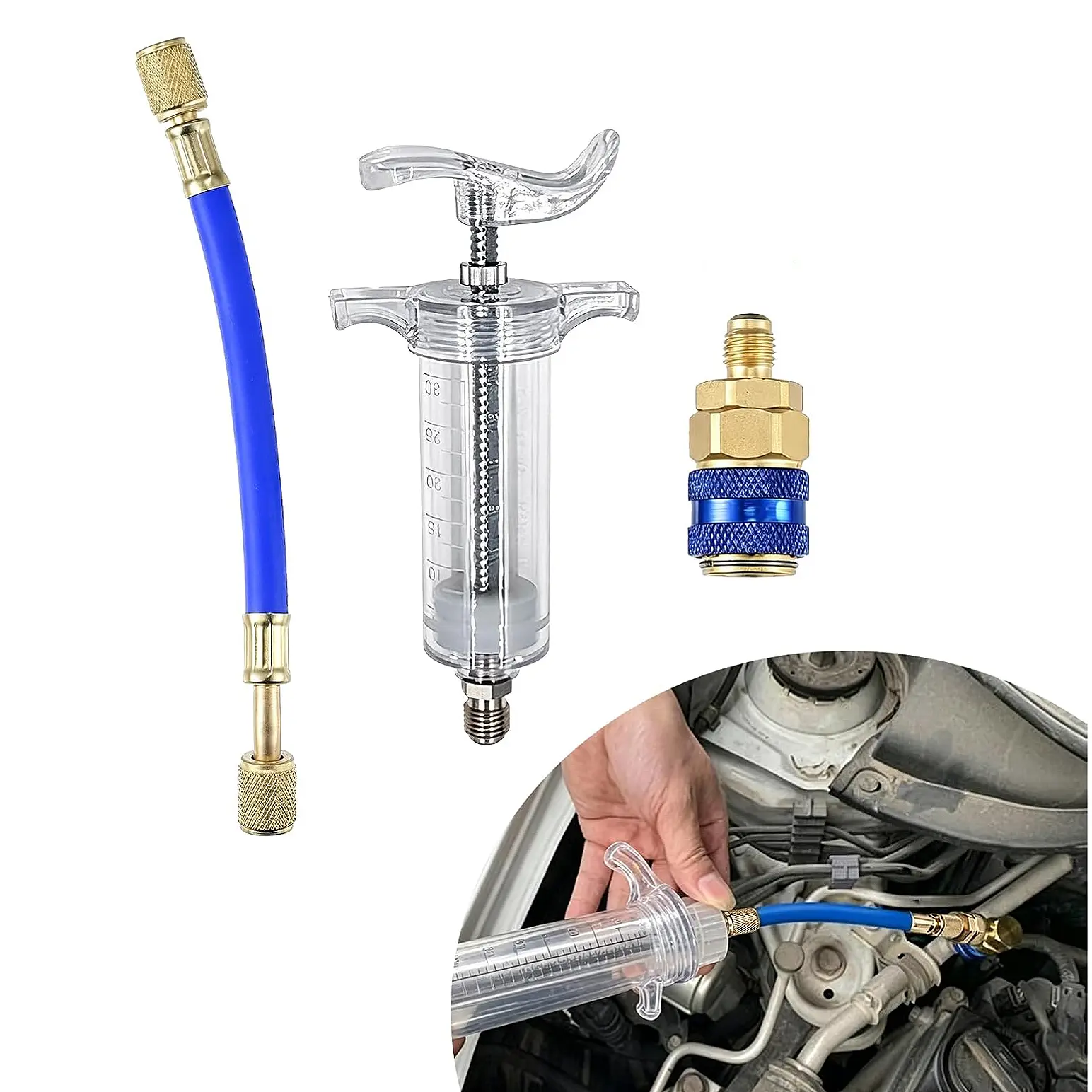 Oil and Dye Injectors Kit 30ml/1 Oz Hand Push Compressor Manual AC Oil Dye Injector with Quick Coupler 1/4 SAE Connector Car HVAC Compressor Oil Dye Injector Refrigerant Tool