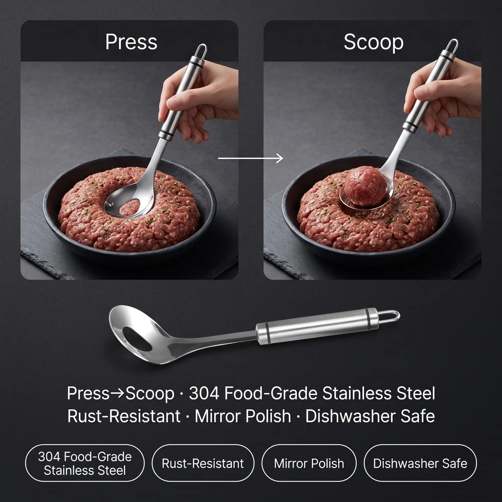 9.4in 304 Stainless Steel Meal Prep Meatball Maker Spoon, Dishwasher Safe Kitchen Utensils, Batch Cooking Tool