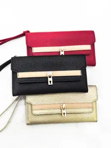 Mini Handheld Long Wallet, PU Solid Color Elegant Buckle Card Holder, Compact Lightweight ID Organizer, Fashion Lock Chain Coin Purse