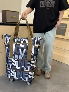 Large Capacity Foldable Airline Travel Bag, Multi-Layer Expandable Carry-On Luggage, Oxford Fabric Material, Universal Wheels, Detachable Wheels