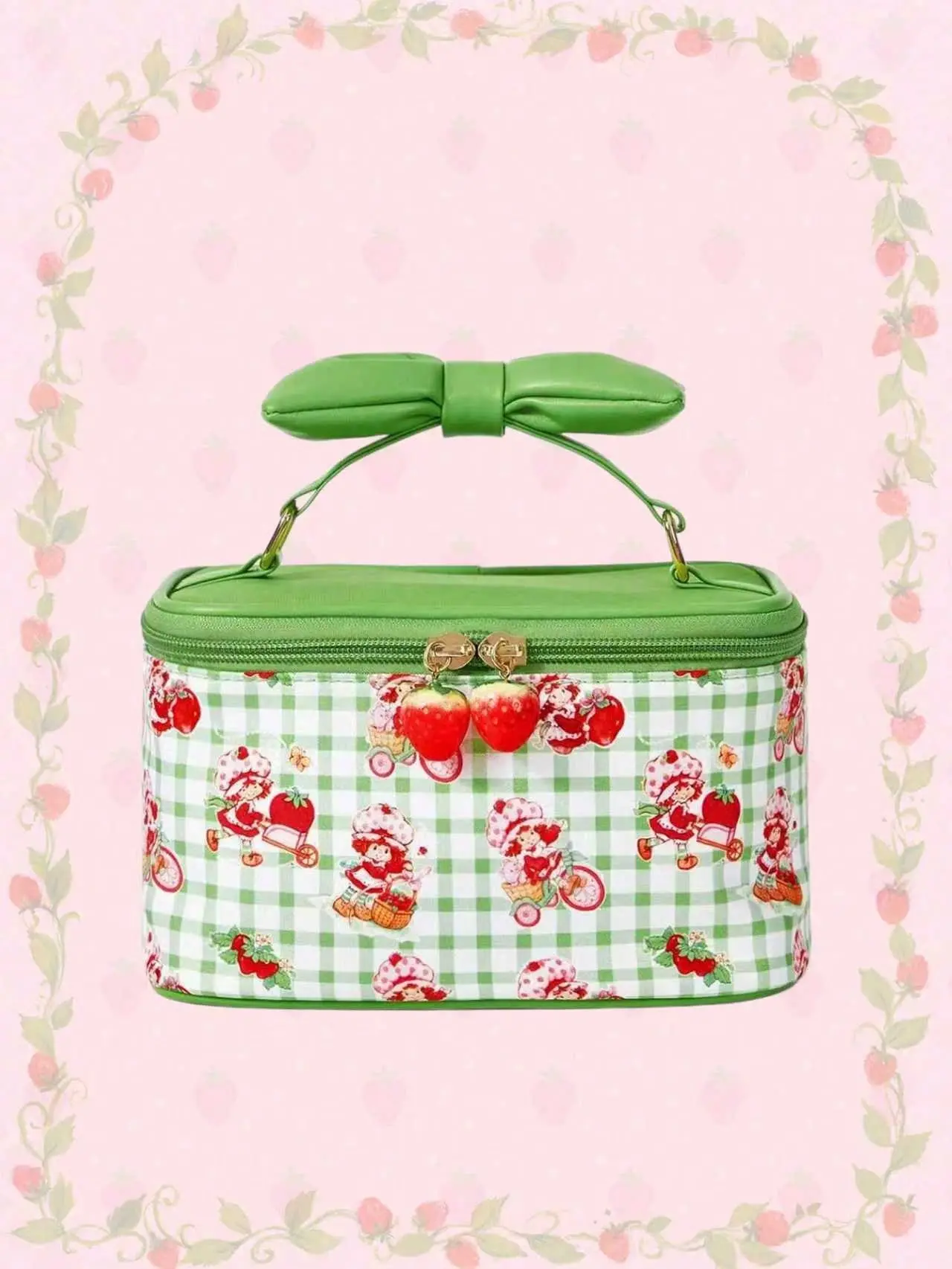 Women's Strawberry Shortcake Cartoon Print Polyester Cosmetic Bag, Padded Bow Design, Handheld Handle, Portable Size for Casual Use