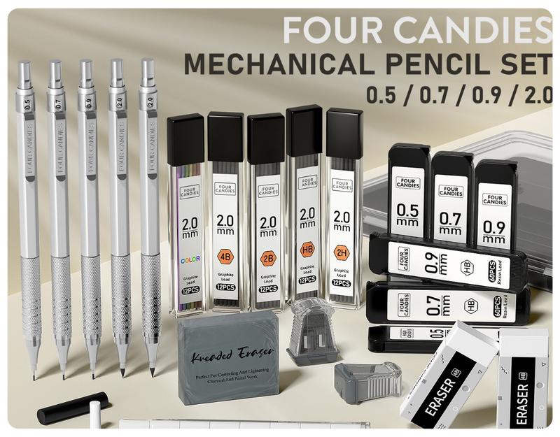 back to school sale!!!Four Candies Metal Mechanical Pencil Set, 3PCS Art Drafting Pencils 0.5, 0.7, 0.9MM & 2PCS 2MM Mechanical Drawing Pencils with 420PCS Leads (4B 2B HB 2H Color) for Writing Sketching Drawing