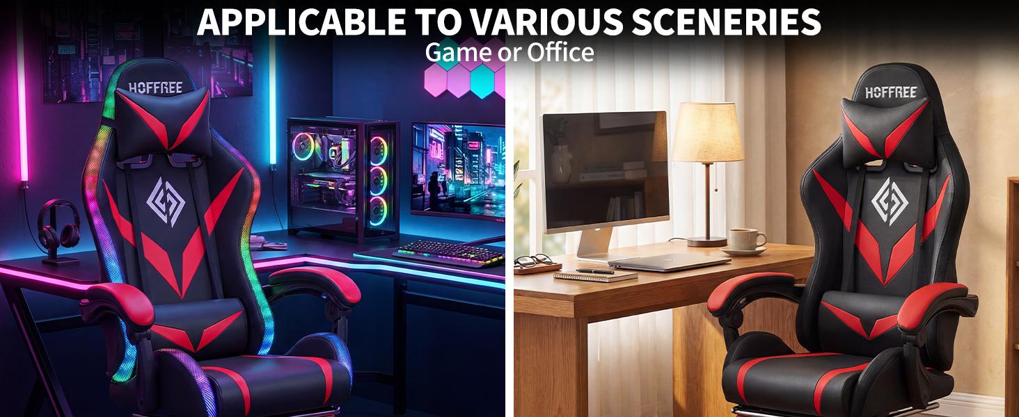 HOFFREE RGB Gaming Chair with Speakers and Massage Ergonomic Computer Chair with Lights and Footrest Reclining Video Game Chairs for Adults Red and Black