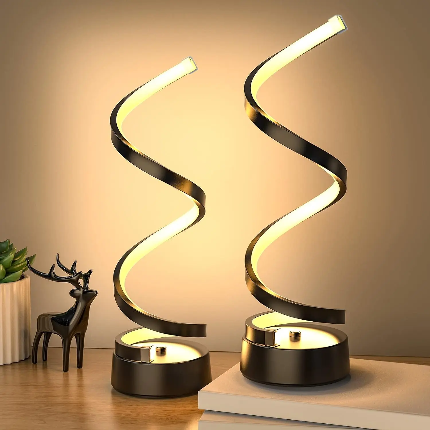 Aesthetic Curved Spiral LED Nightstand Lamp with 4-key wired controller, 3 color lighting and 10%-100% dimmable brightness. Premium aluminum alloy soft glow USB table lamp, ideal decor light for bedroom nightstand, study desk and small apartments.