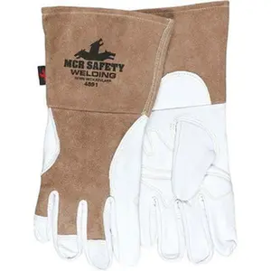 MCR Safety Size M Cowhide Welding Gloves, Gauntlet Cuff, Wing Thumb, White/Brown, Paired 4891M for General Welding