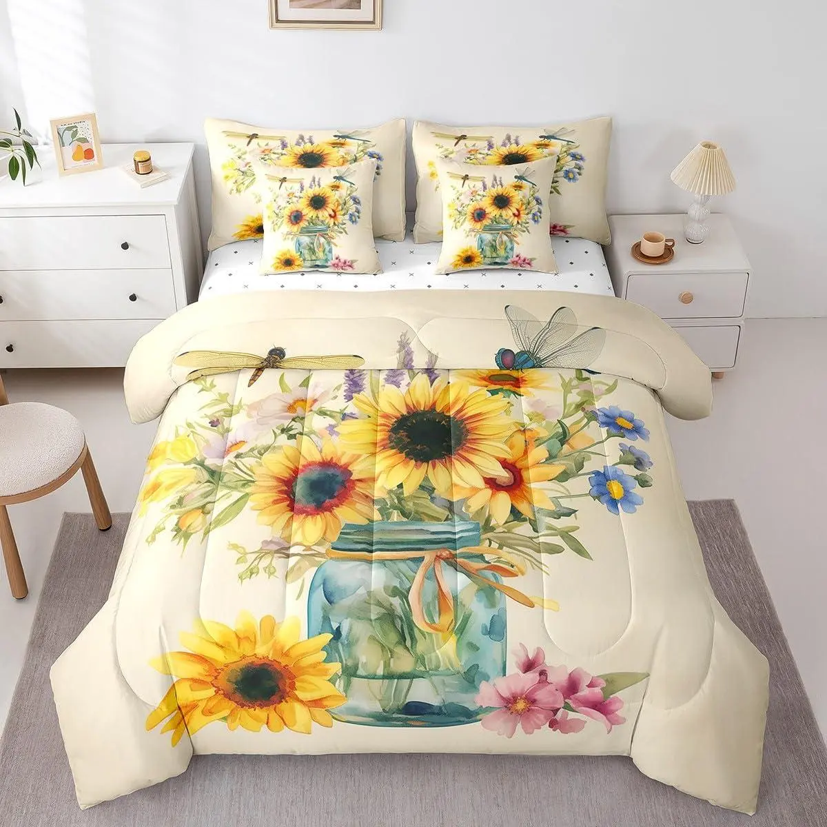 Dragonfly Comforter Set,7 Pieces,All Season Bed in a Bag,Garden Flowers Sunflower Bedding Set with Rustic Aesthetic Animal Comforter,Flat Sheet,Fitted Sheet,Pillowcases,Pillow Shams