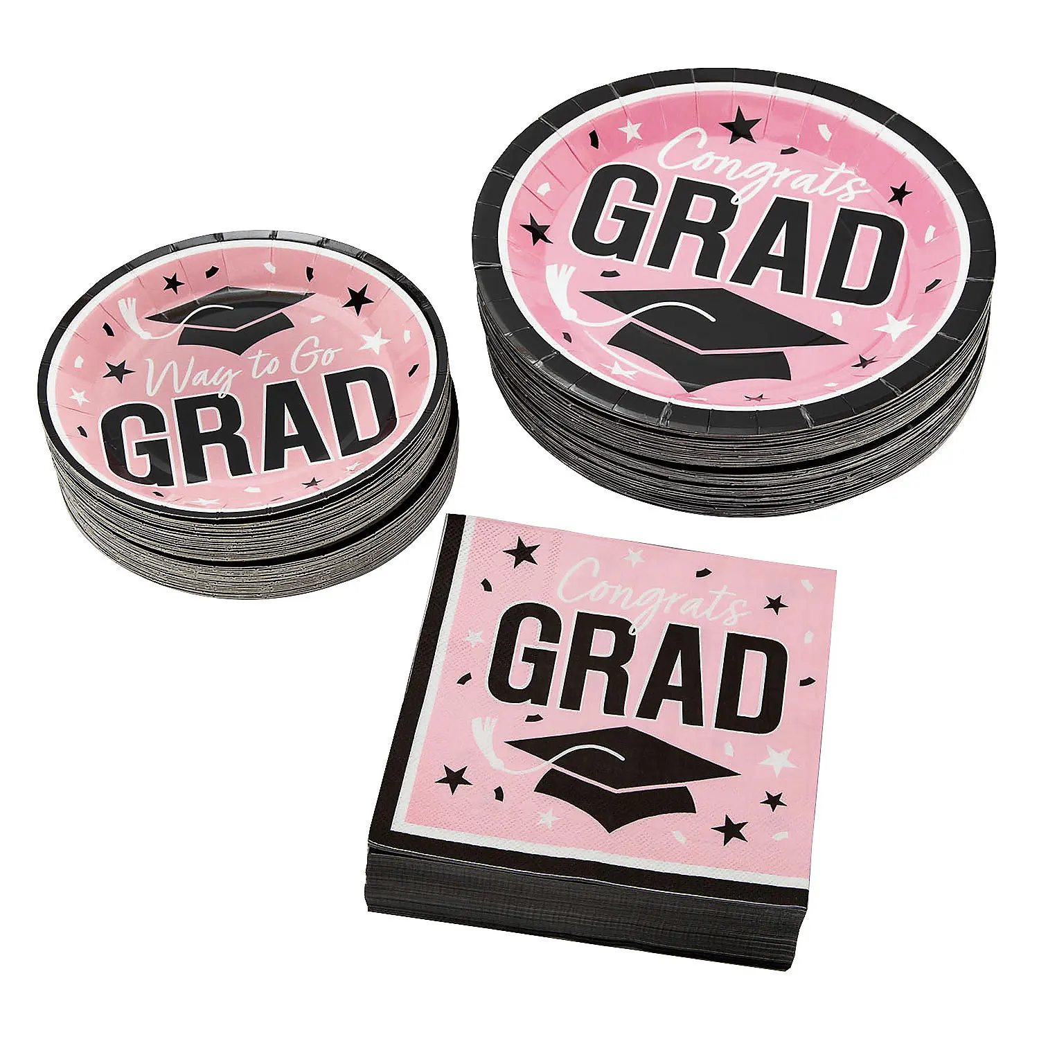 Disposable Graduation Party Tableware Kit - 150 Ct. Pink Bulk Set for 50 Guests, Open House Use, Large Set Size, Disposable Napkins Included, Saves Prep Time