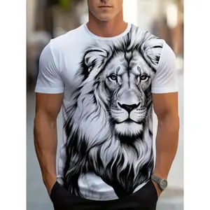 Streetwear Animal Lion 3D Print T-Shirt, Fashion Short Sleeve Casual Fun Cool Sketch Lion Tee, Stylish Graphic Top for Men & Women