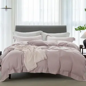 Cooling Queen Duvet Cover Set 3 Pieces-100% Washed Cotton with Chic Wide Trim Like Textured Soft Cozy Bedding with Zipper Closure(Hemmed Grey Pink,Queen 90"x90")