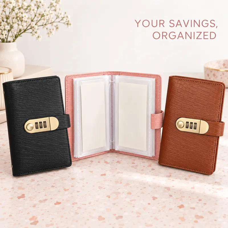 Sohochic 100-Pocket Croco Texture A6 Compact PU Leather Currency Collector Album with Password Lock, Cash Binder with Transparent Sleeves, Money Saving & Budgeting Tool for Currency Collection