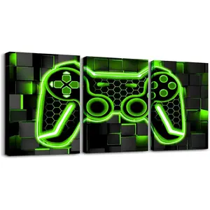 Feelyou Gamer Canvas Wall Art - 3-Piece 12"x16" Lighting Honeycomb Game Controller Decorative Framed Posters, Geometric Wall Painting for Gamer Room, Christmas & Halloween Home Decor Gift
