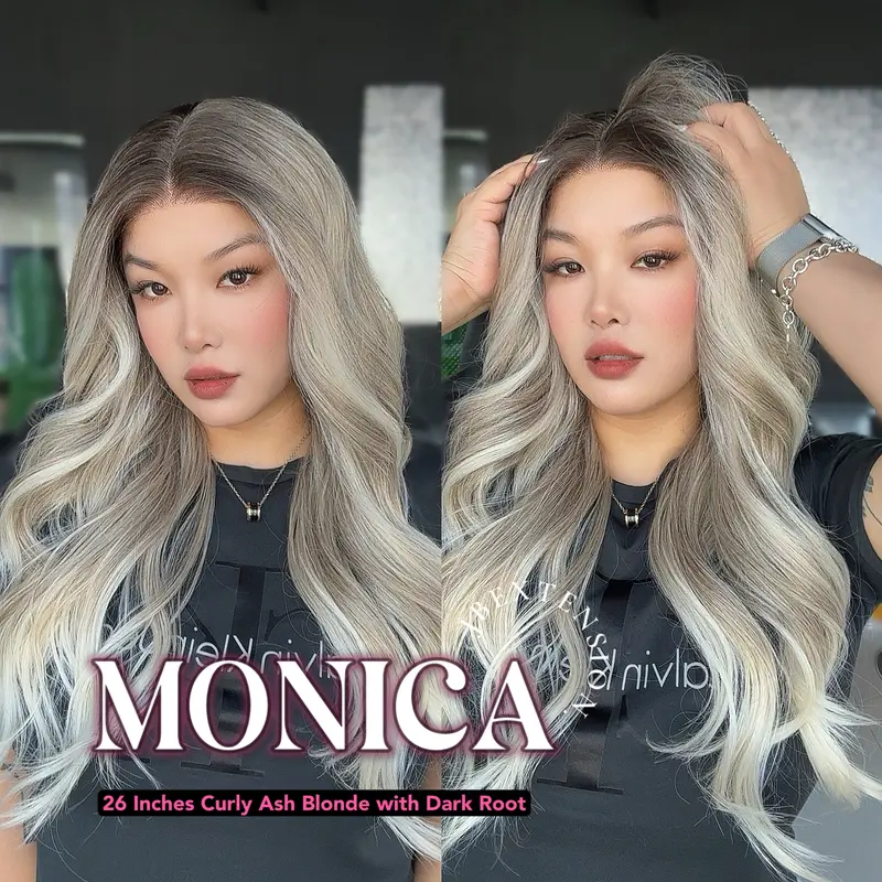 JBEXTENSION 26 Inches Curly Blonde with Dark Root Pre-Cut Frontlace Glueless Wig MONICA