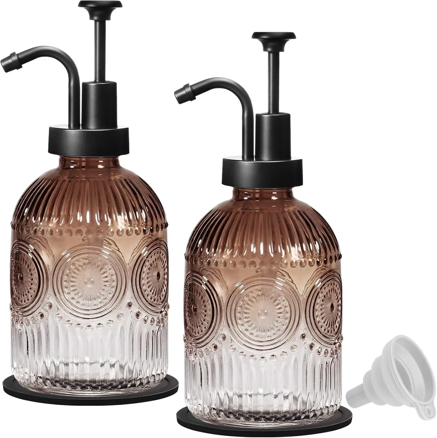 12Oz Vintage Glass Refillable Soap Dispenser with Pump for Bathroom Kitchen, Liquid Hand Soap Lotion Bottle, Antique Rustic Farmhouse Decor (Brown-Black Pump, 2 Pack)