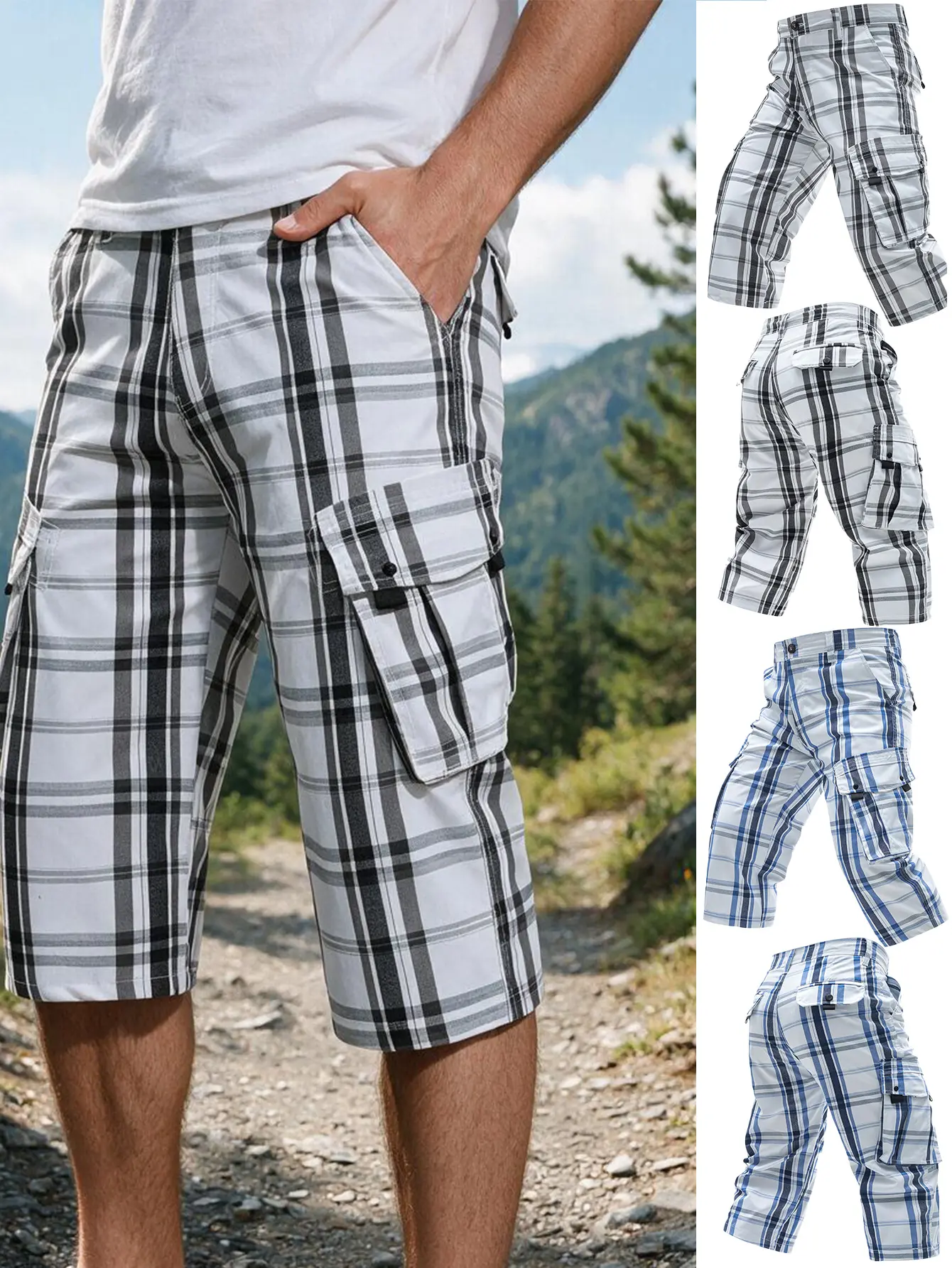 Men Plaid Multi-Pocket Cargo Shorts Knee-Length Casual Cropped Shorts Wear-resistant Outdoor Daily Streetwear Work Capri Shorts, 2 Classic Plaid Colors Available