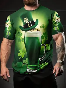 Men's Digital Print Festive St Patrick's Day Bagpiper T-Shirt, Casual Fitted Short Sleeve Round Neck, Perfect Holiday Gift for Men