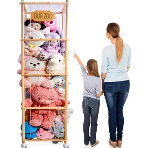70 Inch Large Stuffed Animal Storage with Wheels Wooden Toy Cage Organizer Holder with Elastic Bands Plush Toys Zoo for Playroom Bedroom
