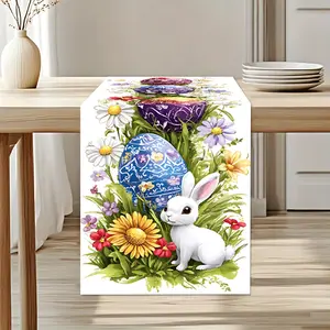 Easter Bunny & Egg Motifs Table Runner Spring Table Decor for Dining Table Buffet Coffee Table Rectangular Seasonal Decoration with Bunny & Egg Patterns