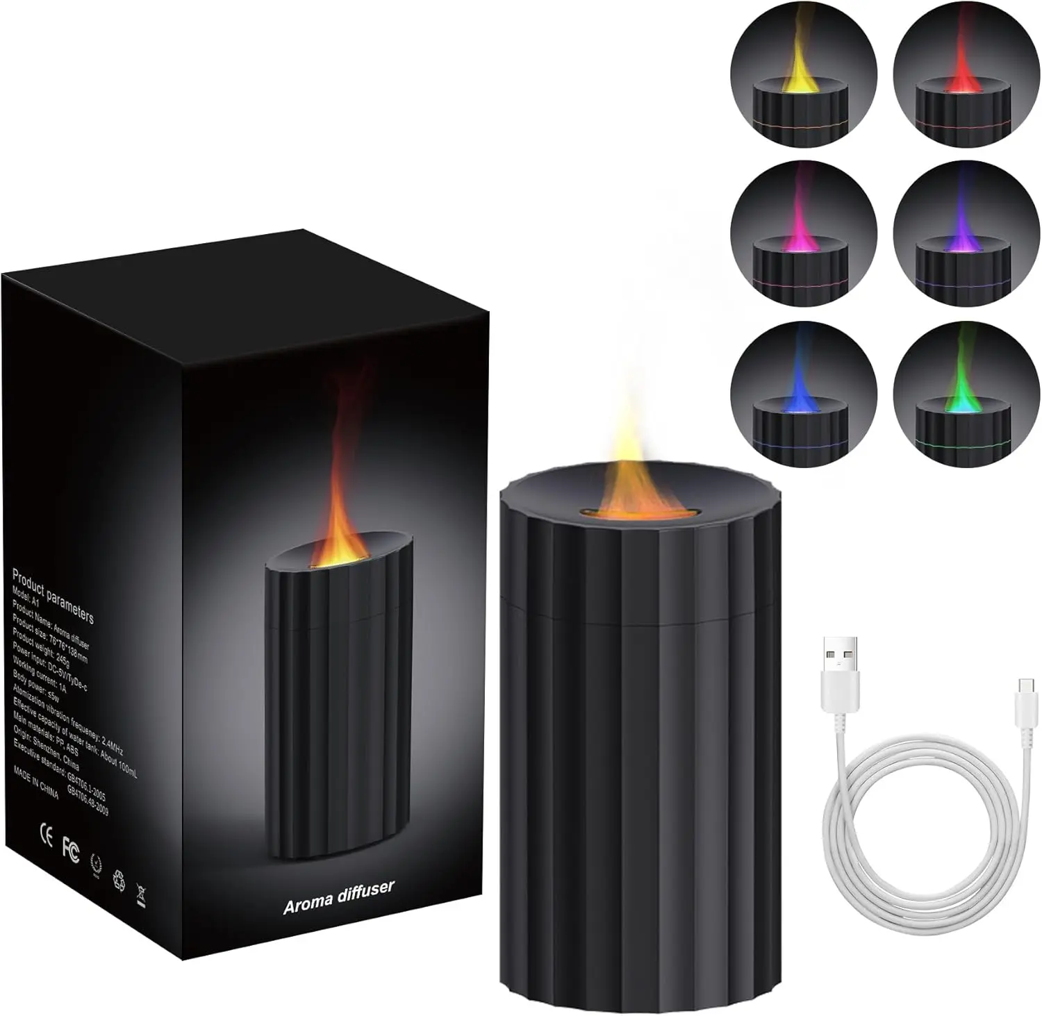 Rican Car Diffuser, Black Car Humidifier,Flame Diffuser for Essential Oils - Mini Portable Humidifier Cool Mist,100Ml Colorful Air Aroma Diffuser,Aromatherapy Diffuser for Home Office
