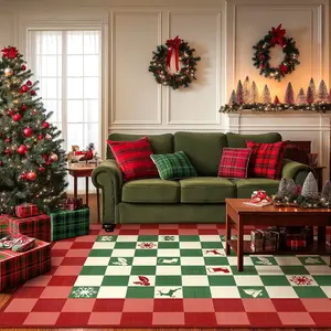 Christmas Decorative Deer Snowflake Plaid Carpet, Foldable Washable Non-Slip Rug for Living Room Bedroom Balcony Outdoor Use