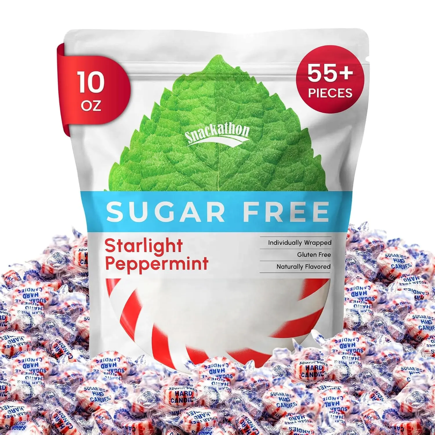 Snackathon Sugar Free Peppermint Starlight Mints Hard Candy, Resealable Bag, Individually Wrapped Peppermints, Naturally Flavored, Gluten-Free, For Snacks & Offices